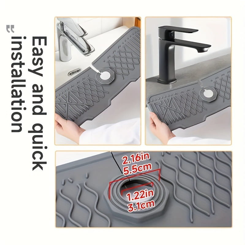 Gray silicone self draining kitchen sink faucet mat made of rubber with a textured diamond pattern and a circular cutout for faucet installation.