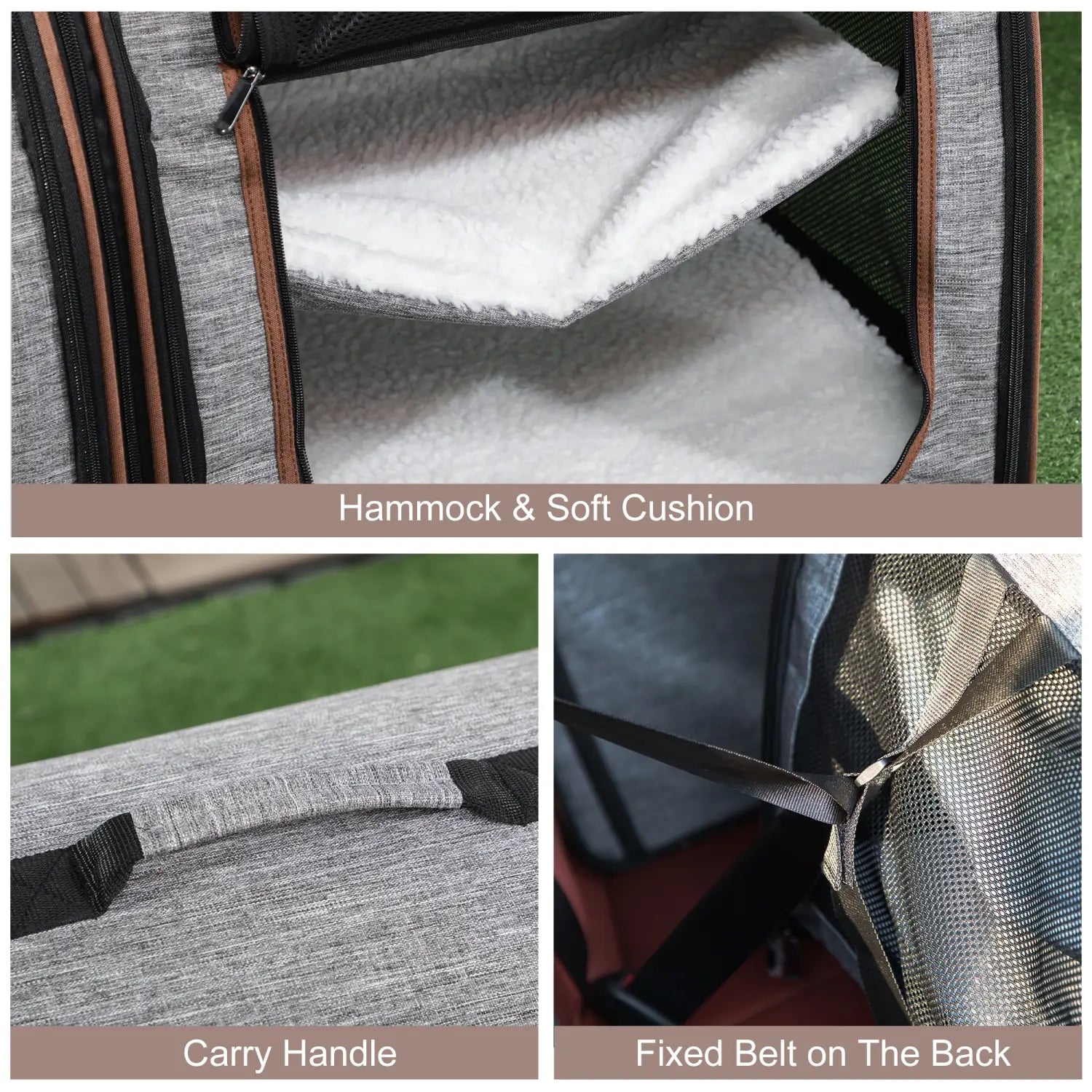 Two compartment soft pet cat carrier grey with gray textured material, white fleece-lined hammock and soft cushion, black carry handle, and brown-trimmed mesh sides.