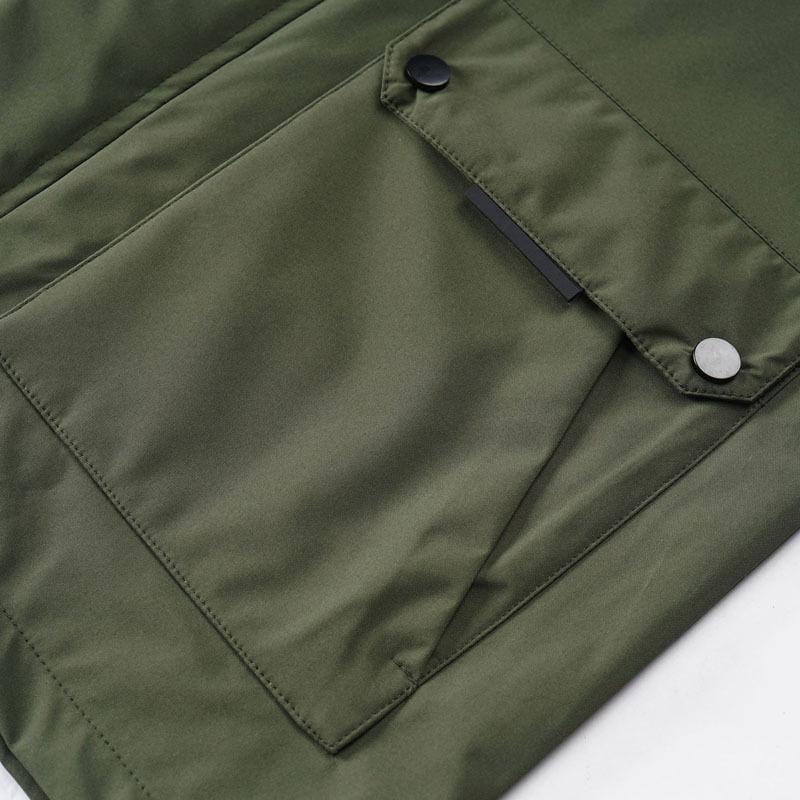 Mens outdoor fleece hooded jacket casual shell coat features an olive green nylon pocket with black and silver snap buttons.