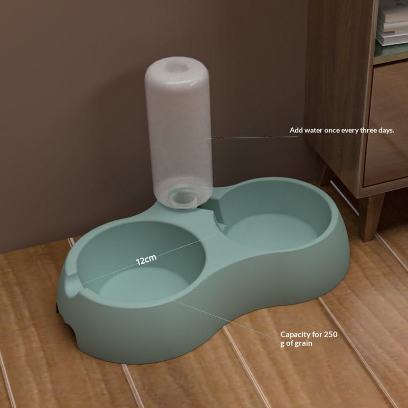 Station d’alimentation automatique pour animaux de compagnie et distributeur d’eau en plastique bleu clair, avec une bouteille d’eau transparente placée sur le dessus.