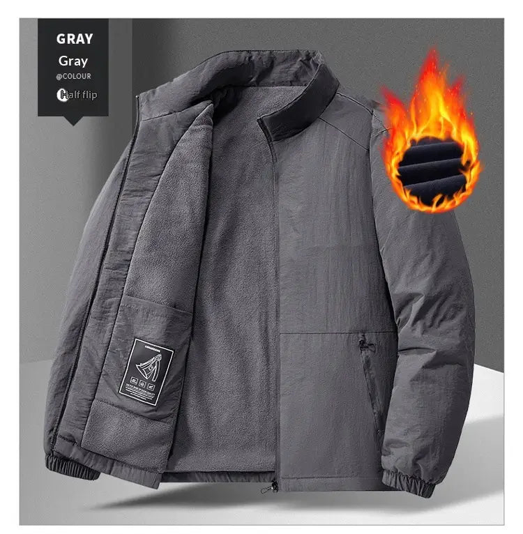 gray half-flip insulated quilted fleece stand collar sports jacket with a fleece-lined interior and quilted exterior