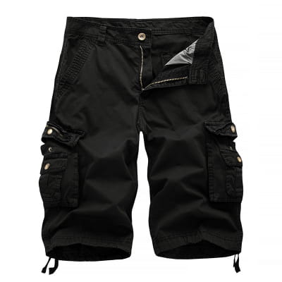 Bermudas cargo en coton noir pour hommes avec plusieurs poches et des poignets à cordon de serrage, vus de l’arrière.
