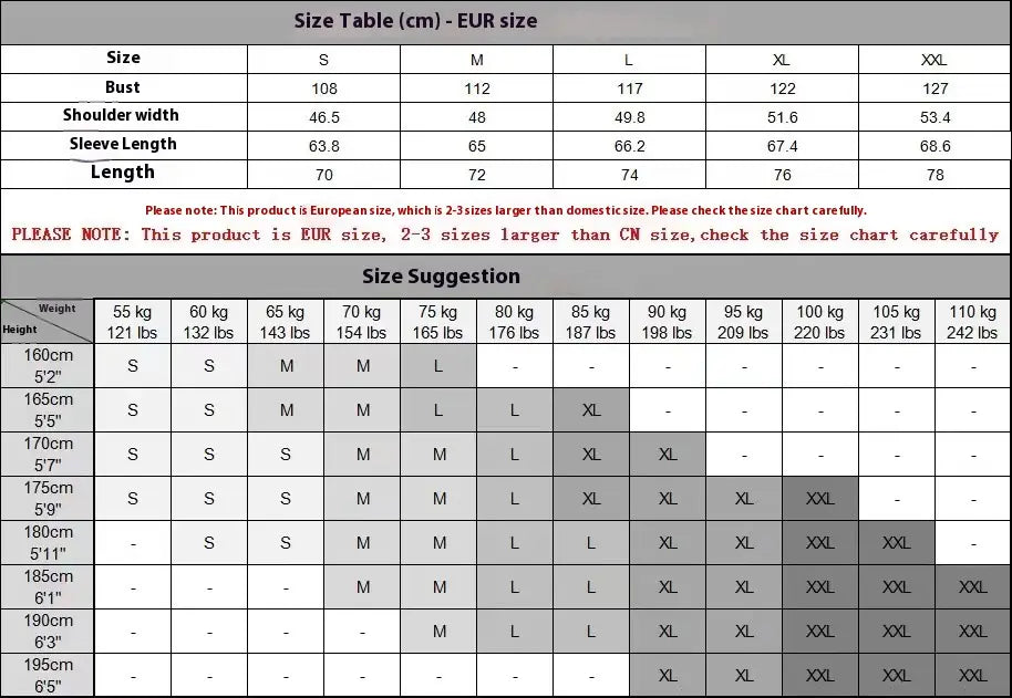European size chart displaying detailed measurements and weight suggestions for various heights for mens quarter zip polar fleece pullover hoodie.