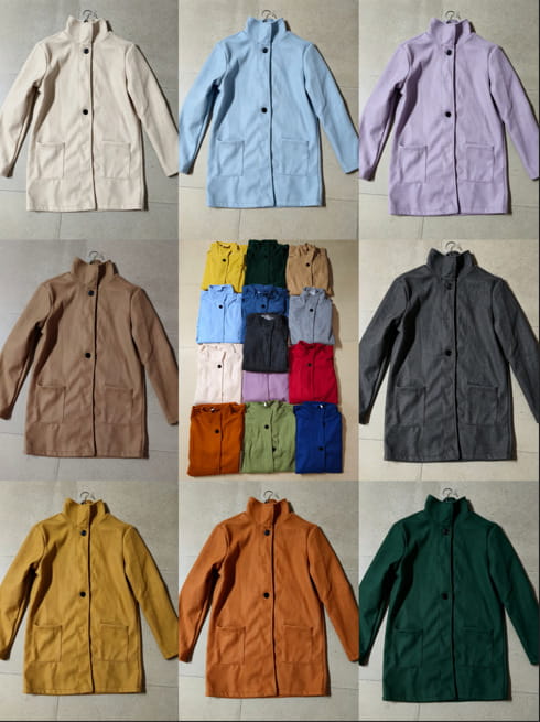 A collection of woolen stand collar winter coats for women in various solid colors including cream light blue lavender beige brown gray mustard yellow orange and green.