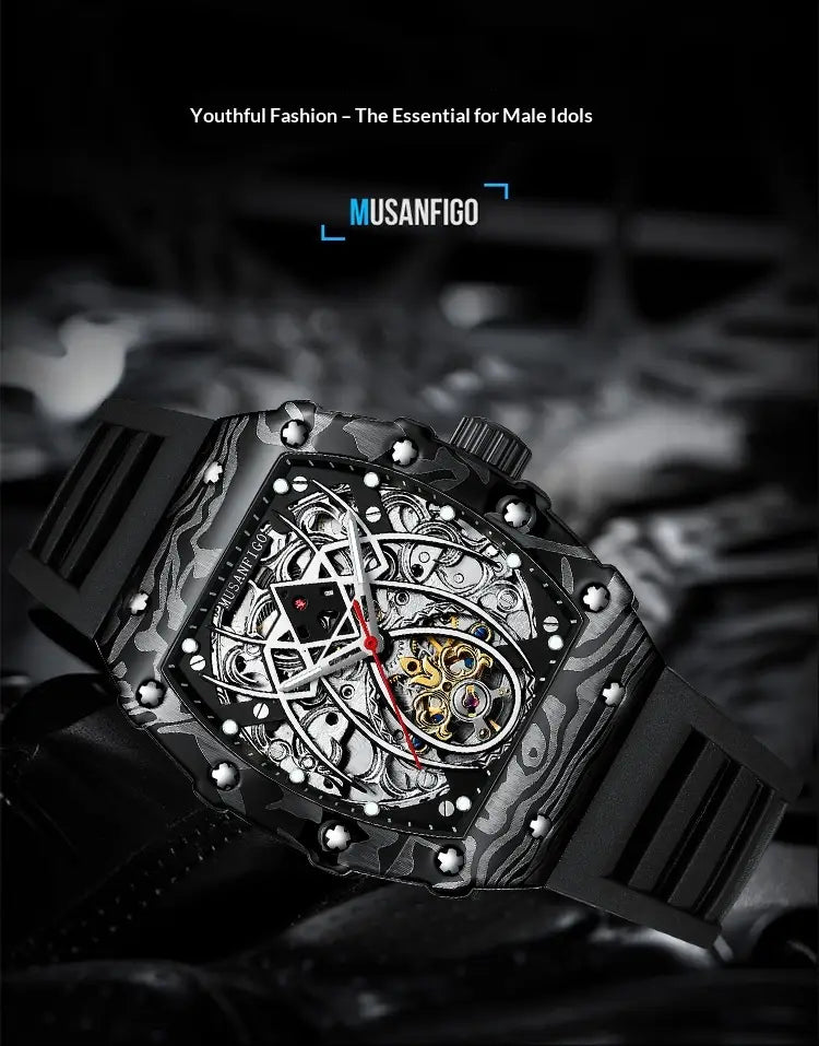 Men’s barrel skeleton automatic mechanical sport watch with black and silver skeletonized dial, textured case, black rubber strap, red second hand, and visible mechanical movement.