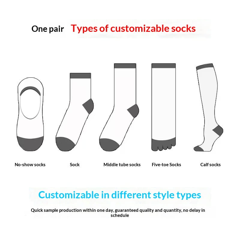 Five different types of customizable unisex cotton socks including no-show, crew, mid tube, five-toe, and calf socks shown in various colors for versatile wear.