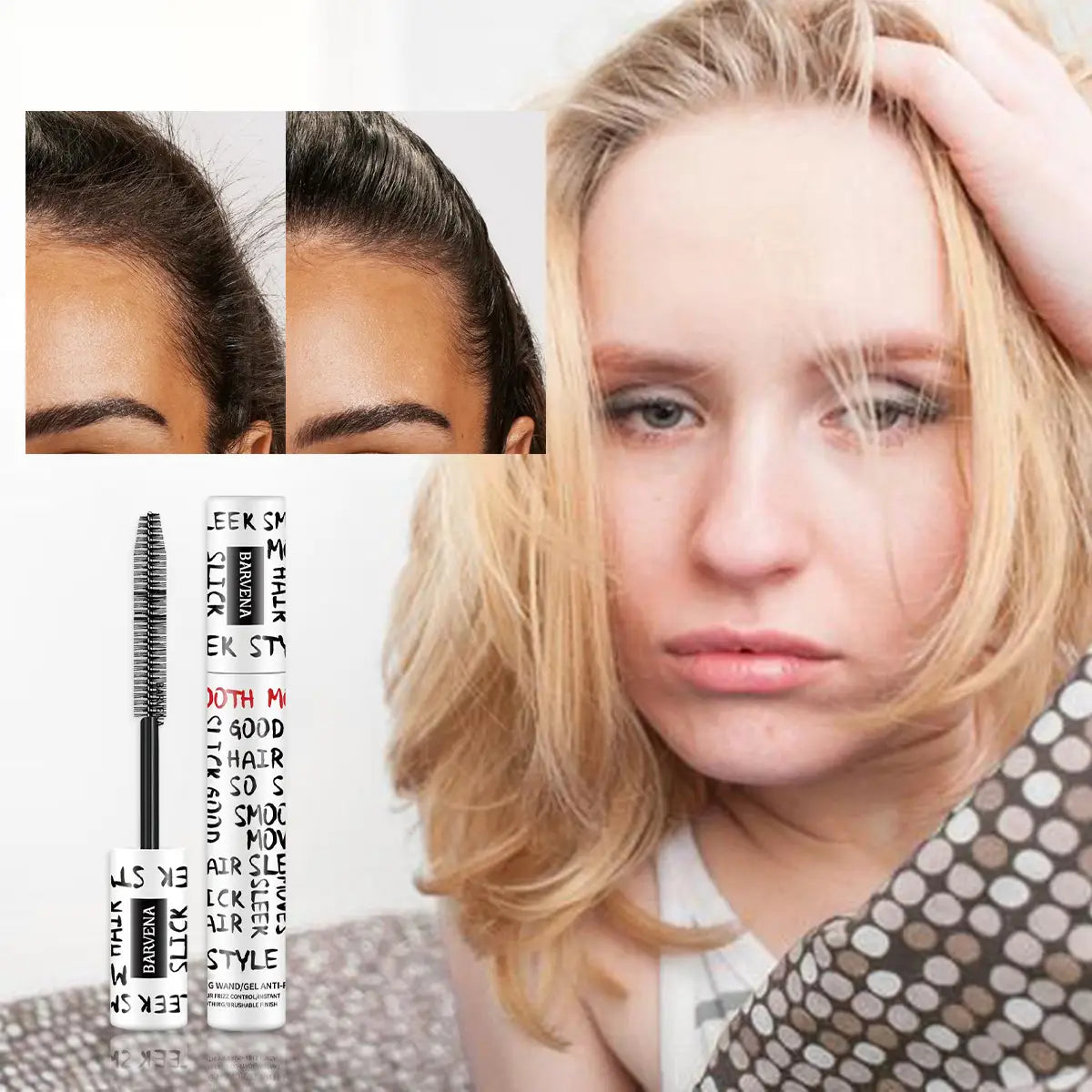Stick de mascara noir et blanc pour le contrôle des frisottis des cheveux, bâton de coiffage bn7208, avec design de texte audacieux pour un coiffage portable.