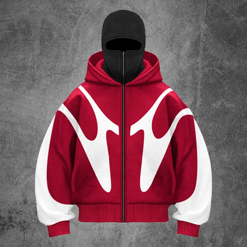 Veste zippée à capuche cagoule à graphisme de flamme rouge et blanche, avec un design abstrait blanc audacieux à l’avant.