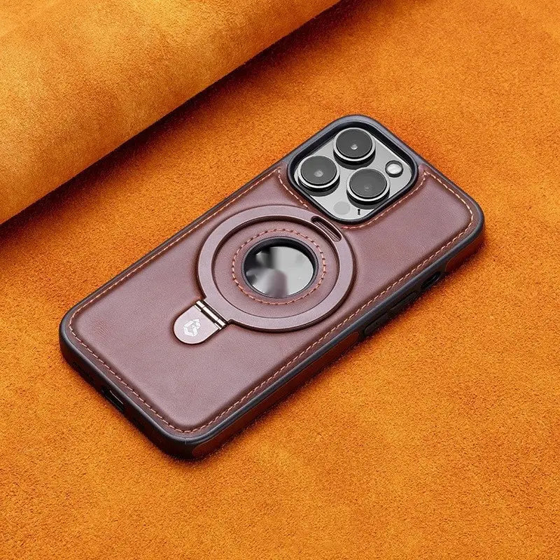 Brown leather iphone 16 pro max magnetic case with stitched edges and circular magnetic ring on the back side.