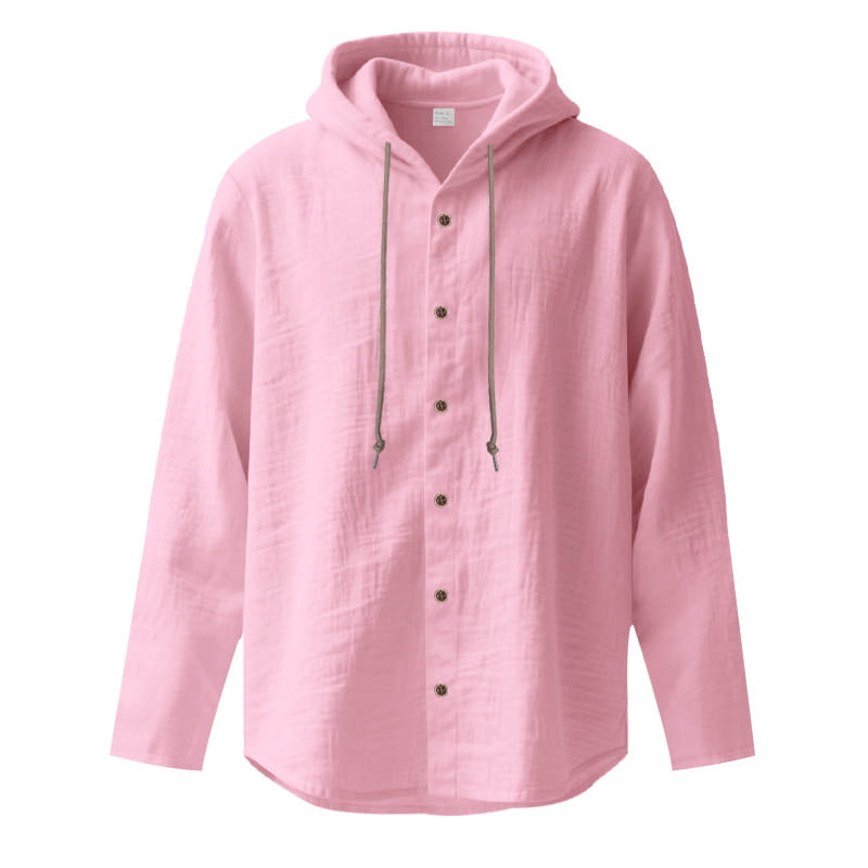 Men linen hooded cardigan shirt in soft pink with a relaxed fit button-up design and contrasting gray drawstrings.