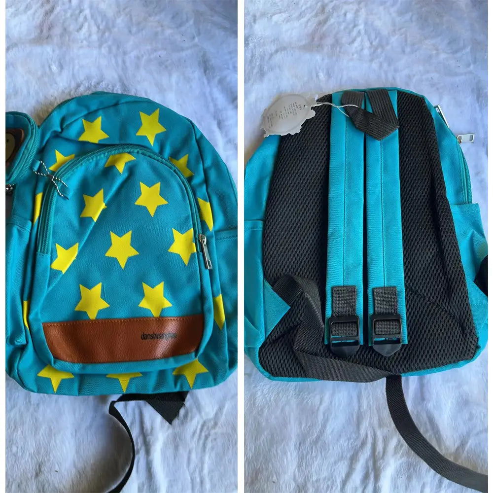 Turquoise star print soccer backpack featuring yellow star patterns and a brown leather-like patch at the bottom with an attached bear coin purse.