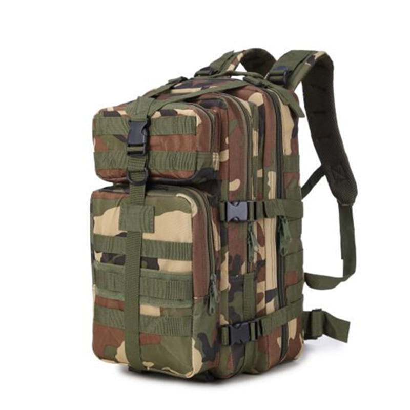 Tactical camouflage waterproof mountaineering backpack in olive brown and tan fabric with black plastic buckles shown from the back side.