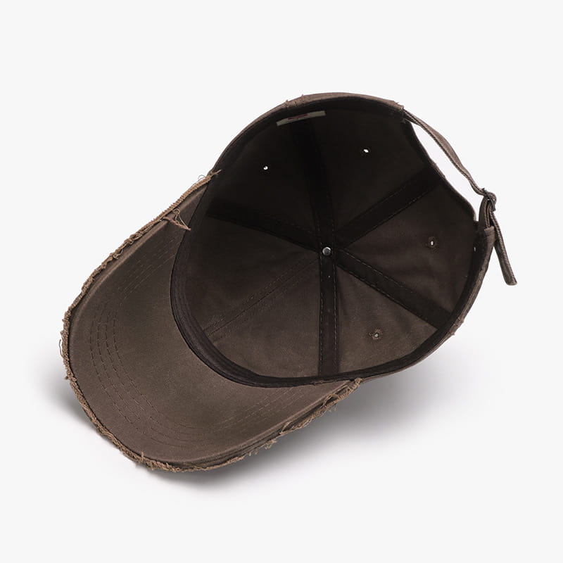 brown distressed cotton denim baseball cap with frayed brim and adjustable strap featuring embroidered logo