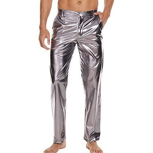 metallic silver high waist straight leg disco pants featuring shiny metallic silver slim-fit design with a sleek reflective finish