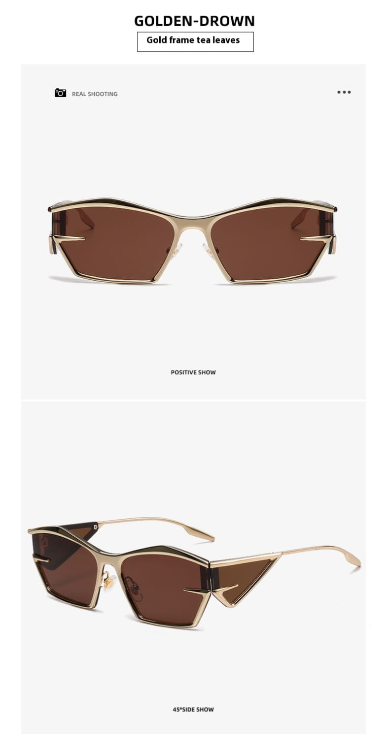 Gold-framed geometric shield UV400 fashion sunglasses with angular design and brown tinted lenses.