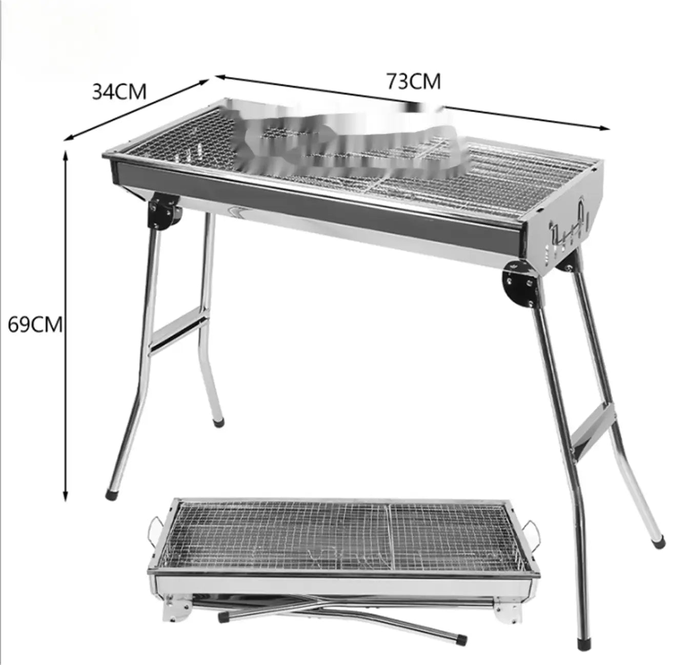 Silver stainless steel portable folding charcoal grill with mesh grates and adjustable legs featuring a 30 stainless steel skewers set.