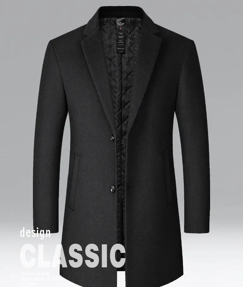 black classic wool overcoat with quilted inner lining designed as a warm winter jacket for men