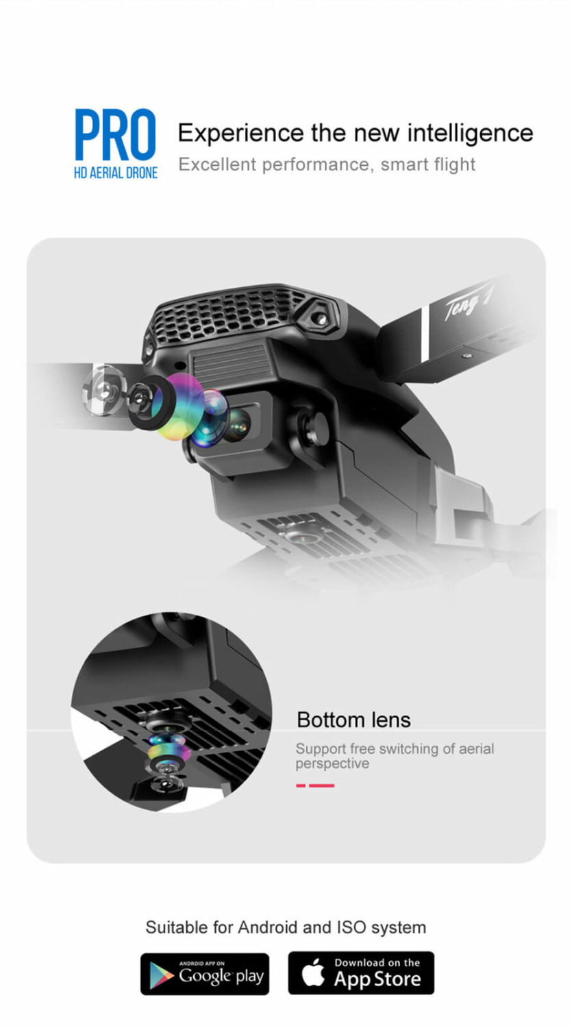Black E88 Pro 4k dual camera foldable fpv quadcopter drone with a multi-lens camera system and textured body shown from the back side.