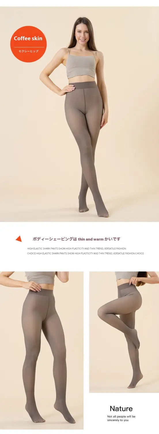 Warme fleecegefütterte transparente Strumpfhosen-Leggings in Kaffeebraun mit hoher Taille, glattem, körperbetontem und formenden Design.