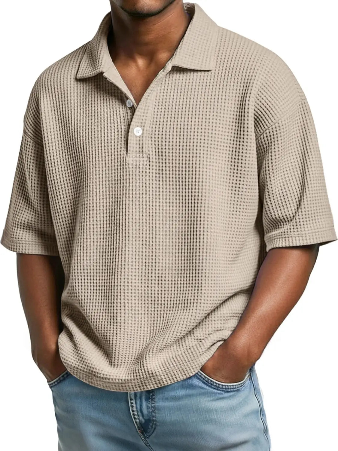 Beige slim fit waffle knit short sleeve polo shirt with collar and button placket for men.