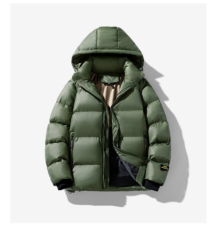 men’s hooded corduroy puffer jacket in olive green with quilted design, hood, and black-lined cuffs, plus size.
