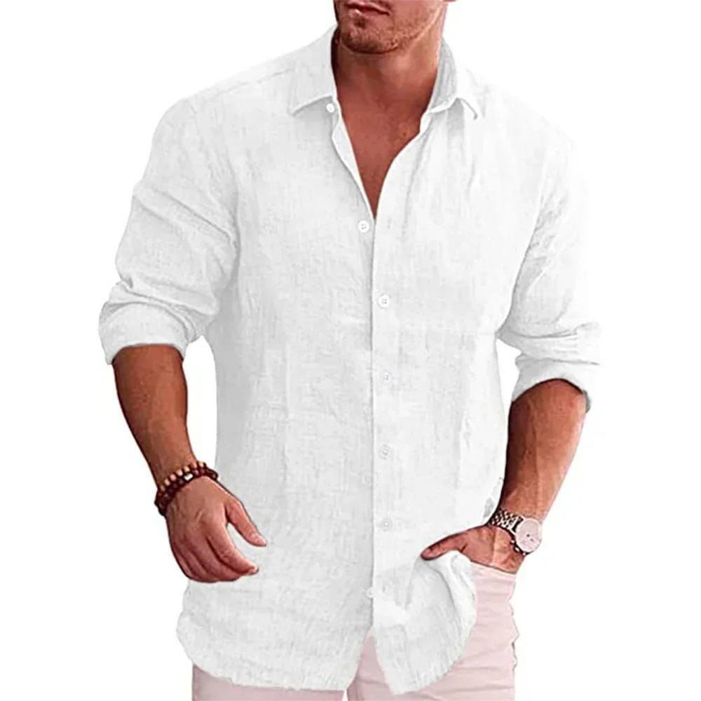Einfarbiges Slim-Fit-Leinenhemd für Herren in Weiß mit Knopfleiste, umgeschlagenen Ärmeln und einer lockeren Passform.