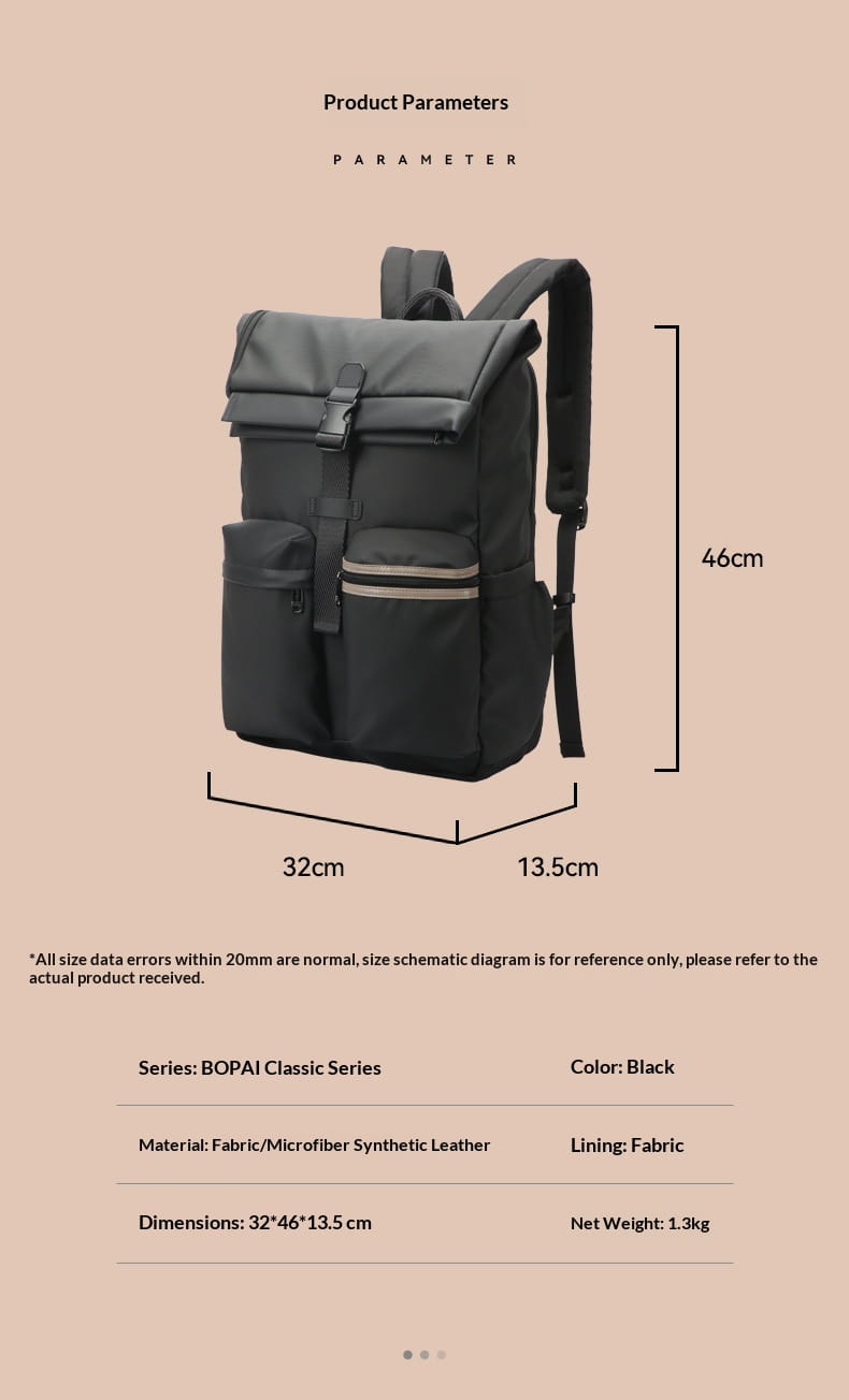 Black bopai classic series roll top business backpack in fabric and microfiber synthetic leather with front pockets and water resistant 25l capacity.