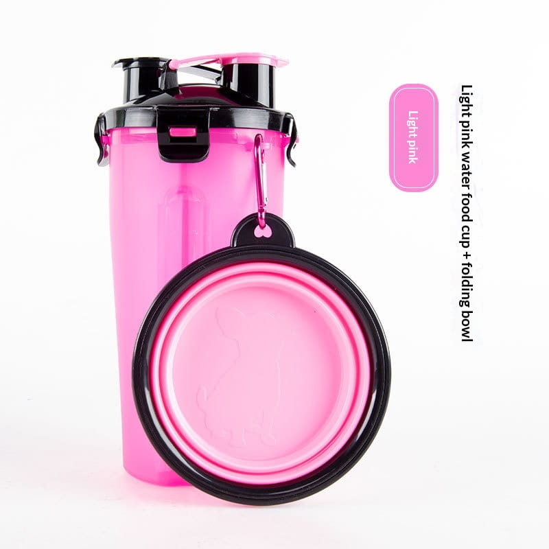 Tragbarer Trinknapf für Hunde in hellem Rosa mit schwarzen Akzenten, mit abnehmbarem klappbarem Futter- und Trinknapf für praktisches Füttern und Trinken.