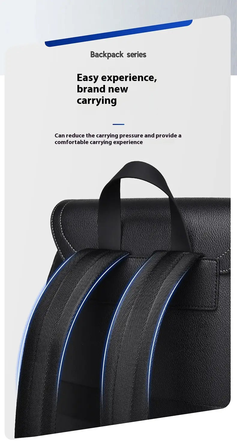 Men’s leather business travel backpack in black textured material shown from the back with sleek blue accent stitching on the shoulder straps and a laptop sleeve for secure device storage.