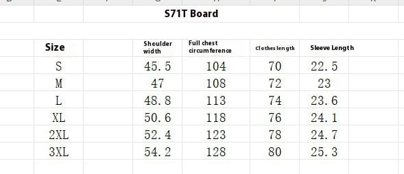 The s71t board size chart for the printed short-sleeve polo shirt displays measurements for shoulder width, full chest circumference, clothes length, and sleeve length across sizes s to 3xl.