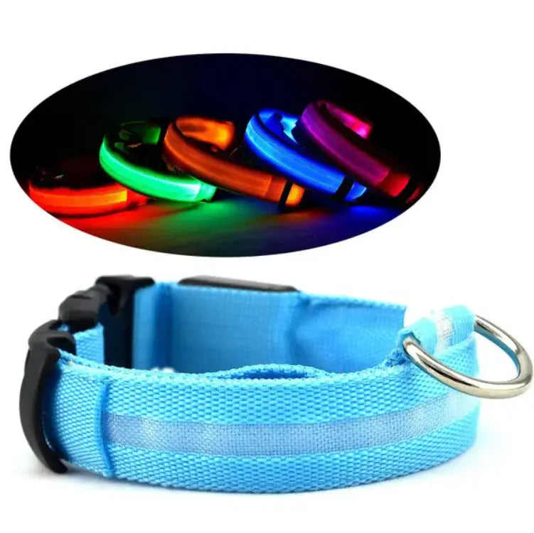 Light-up dog collar led dog collar reflective light up safety halo belt in light blue fabric with a reflective strip and black buckle.