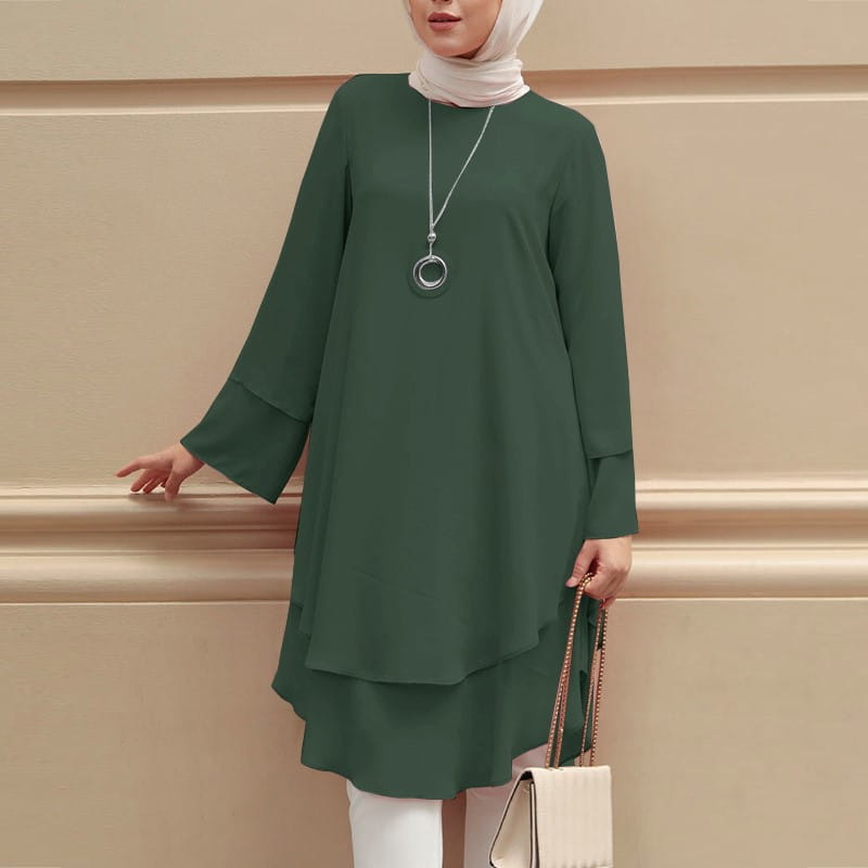 Ein fließendes dunkelgrünes einfarbiges Rüschenvolant-Langtuniken-Kleid mit langen Ärmeln und hohem Ausschnitt, geeignet für das Partyleben.