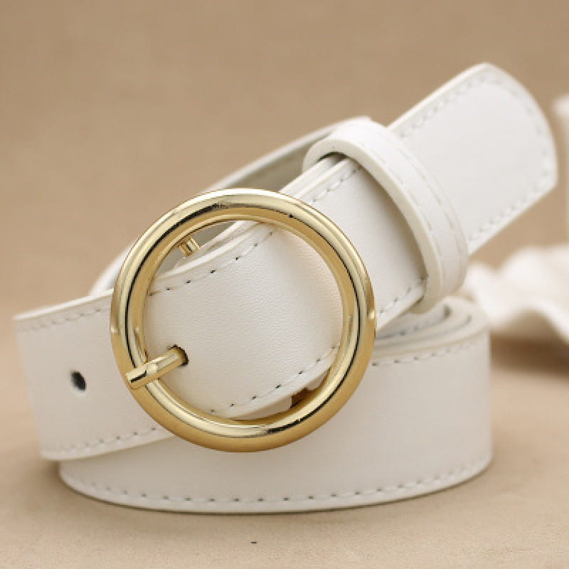 white leather belt with a gold-toned circular buckle designed for versatile women’s fashion use