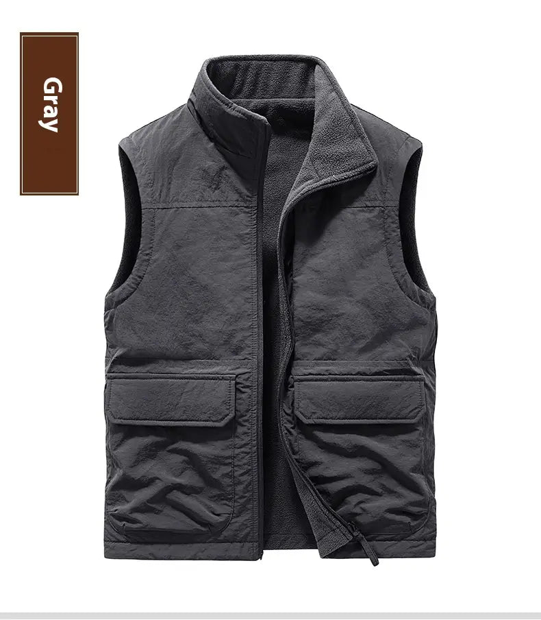 men fleece cargo vest in gray with fleece lining two front pockets and a stand-up collar designed for outdoor use