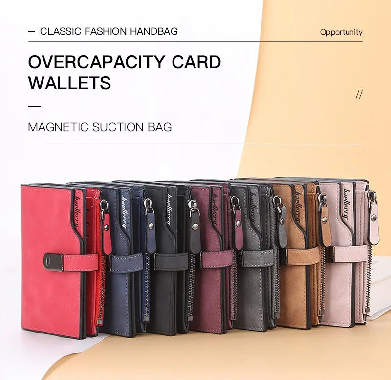 A row of women’s short faux leather multi slot card wallets in assorted colors including red, navy blue, black, burgundy, gray, tan, and pink, each featuring a magnetic closure with a zipper pull.
