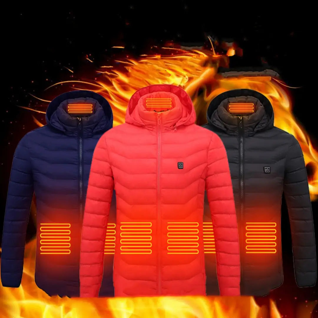 Drei Damen-Heizsteppjacken aus Baumwolle in Navy, Rot und Anthrazitgrau mit leuchtenden orangefarbenen Heizelementen an der Kapuze und am Rumpf.