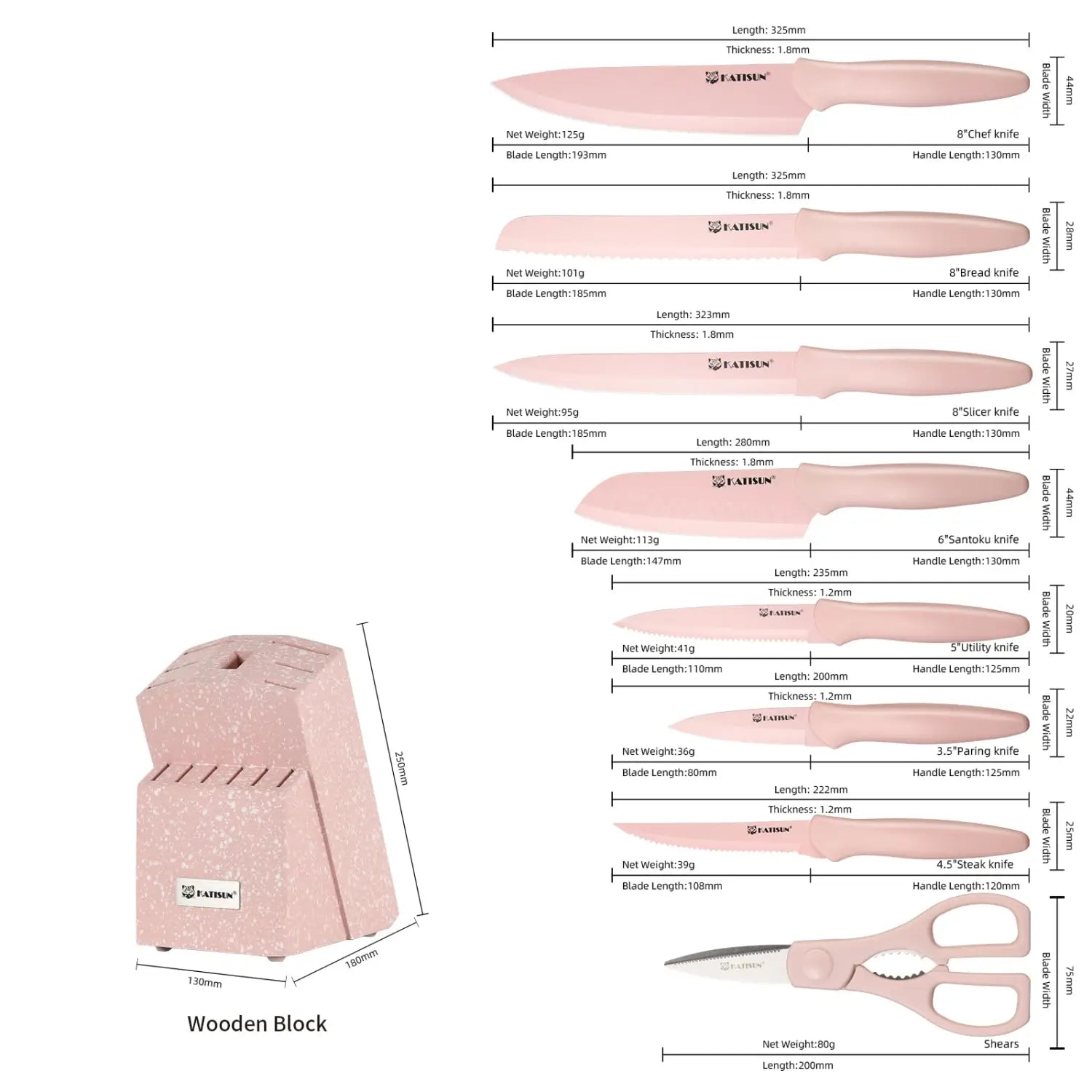 Bloque de cuchillos de madera rosa con salpicado, con ranuras integradas para ocho cuchillos y un par de tijeras, de un set de cuchillos rosa con bloque de 14 piezas de acero inoxidable.