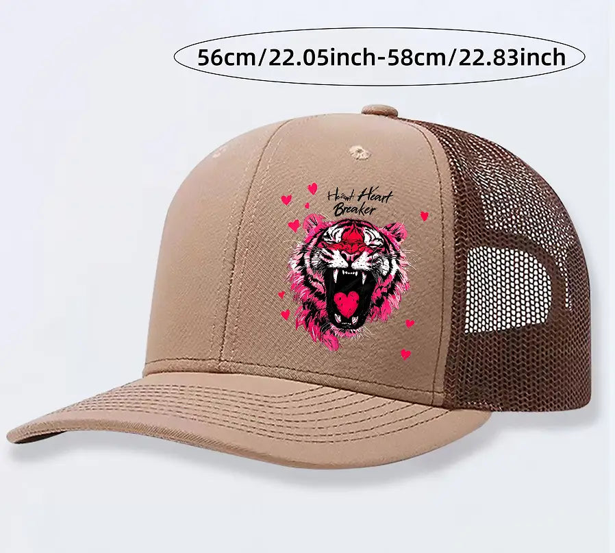 Beige and brown trucker hat featuring a vibrant pink tiger graphic with the text heart breaker surrounded by small hearts in a tan color scheme.