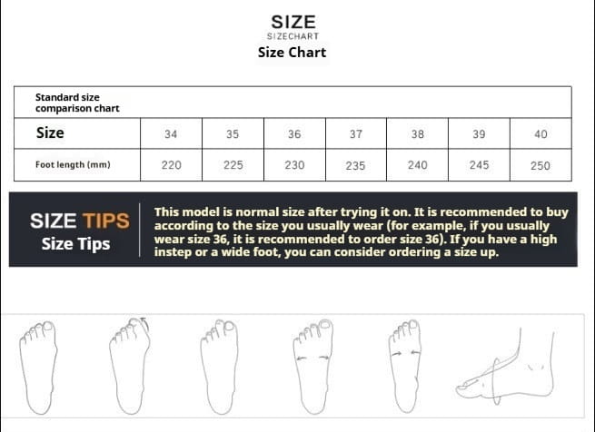 Size chart for square toe Mary Jane patent leather block heels showing footwear measurements in millimeters and foot shape illustrations.