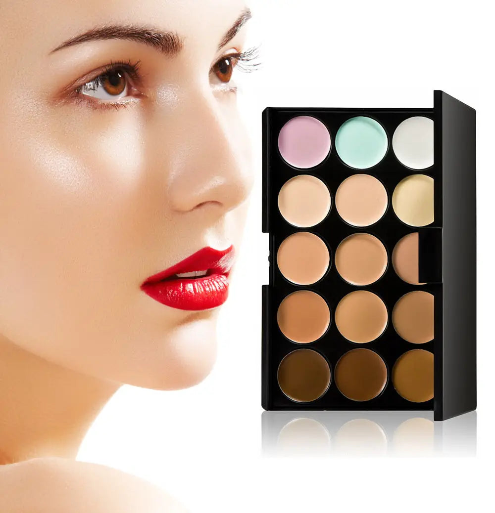 Schwarze rechteckige 15-Farben-Abdeckpalette für professionelles Make-up, mit 15 runden Einsätzen in unterschiedlichen Farbtönen von hellem Rosa bis tiefem Braun.