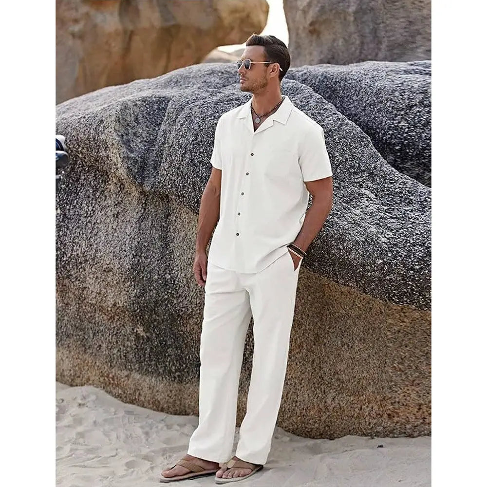 Men short sleeve shirt and trousers set featuring a white short-sleeved button-up shirt with a collar made of lightweight fabric.