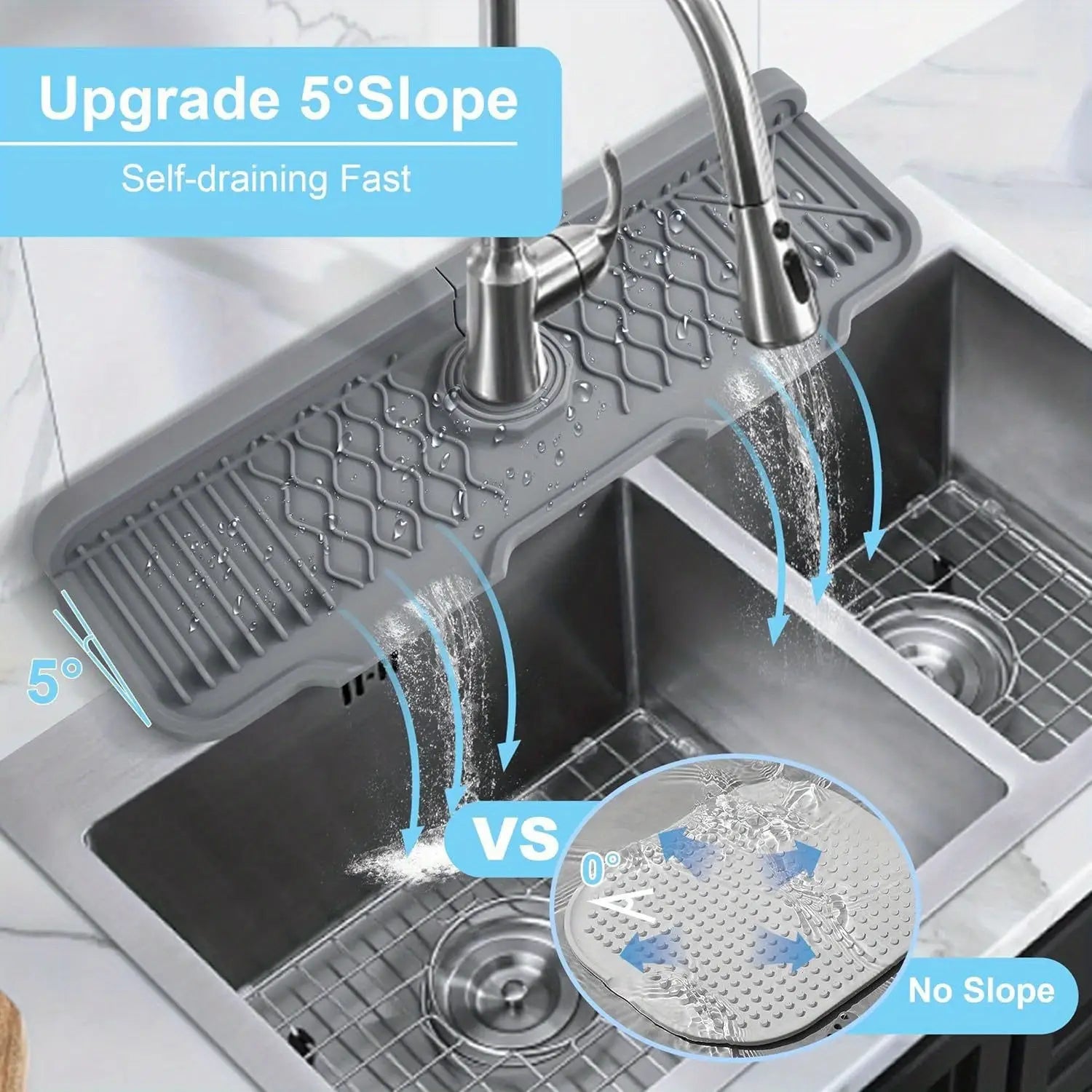 Gray silicone self draining kitchen sink faucet mat with a 5 degree slope for fast water flow.