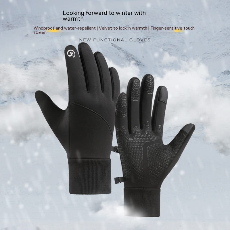black touchscreen gloves with textured fingertips and ribbed cuff made of waterproof sports fleece for winter use shown from the back side
