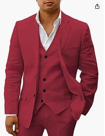 Un costume trois pièces en lin pour homme, ajusté et soigné, rouge éclatant, avec des boutons noirs, adapté à une tenue décontractée pour marié, banquet.