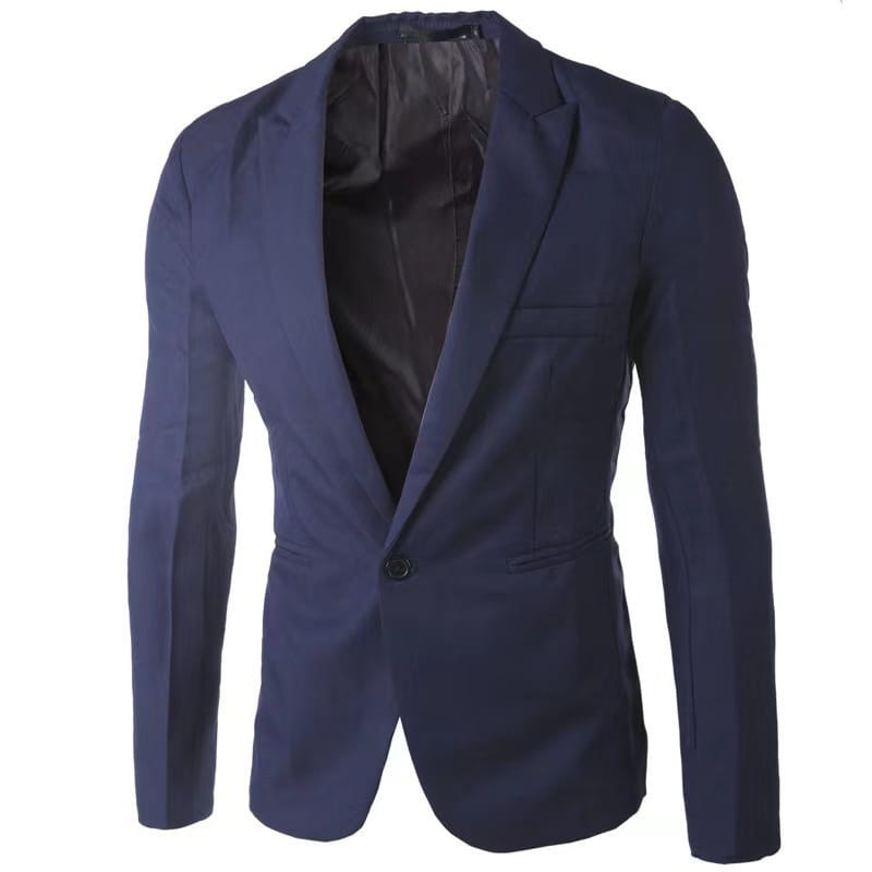 Veste de blazer décontractée à simple boutonnage bleu marine pour homme avec une coupe ajustée et élégante et une fermeture par bouton noir.