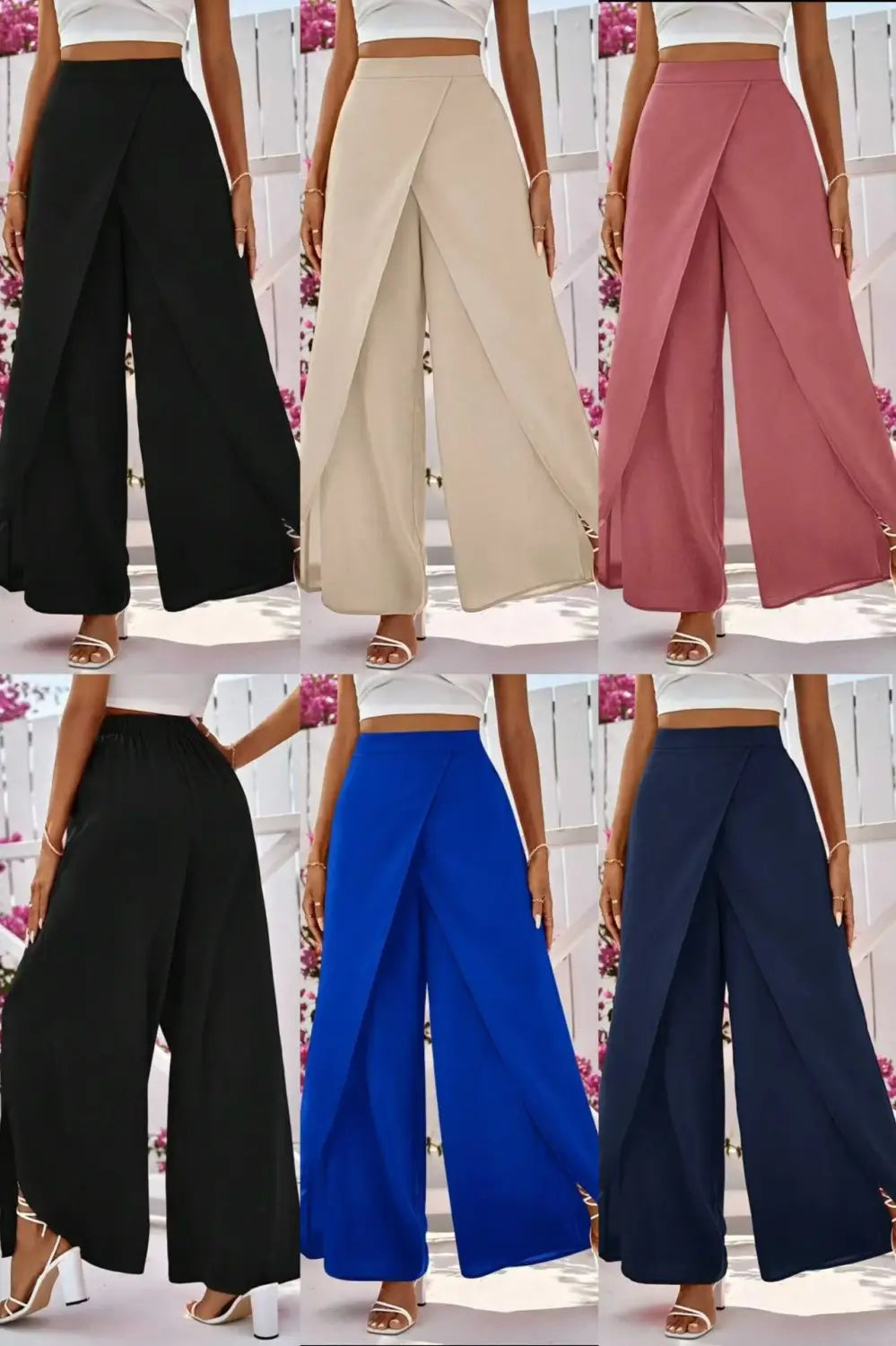Hosen mit weitem Bein und Schlitz im eleganten Casual-Stil, hoch tailliert, in Schwarz, Beige, Rosa, Königsblau und Navy, mit Drapierungs-Frontdesign, ideal für bequemes, stilvolles Tragen.