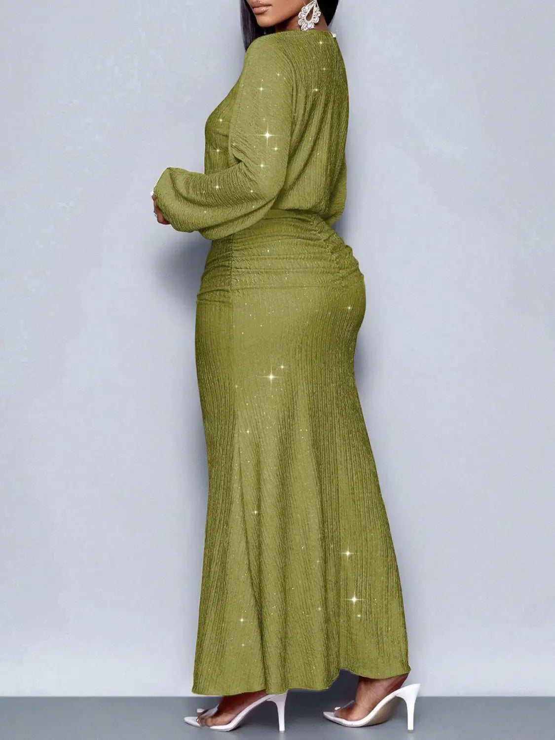 olive green shimmering sequin lantern sleeve mermaid two piece set featuring a fitted long-sleeve top and a flowing skirt
