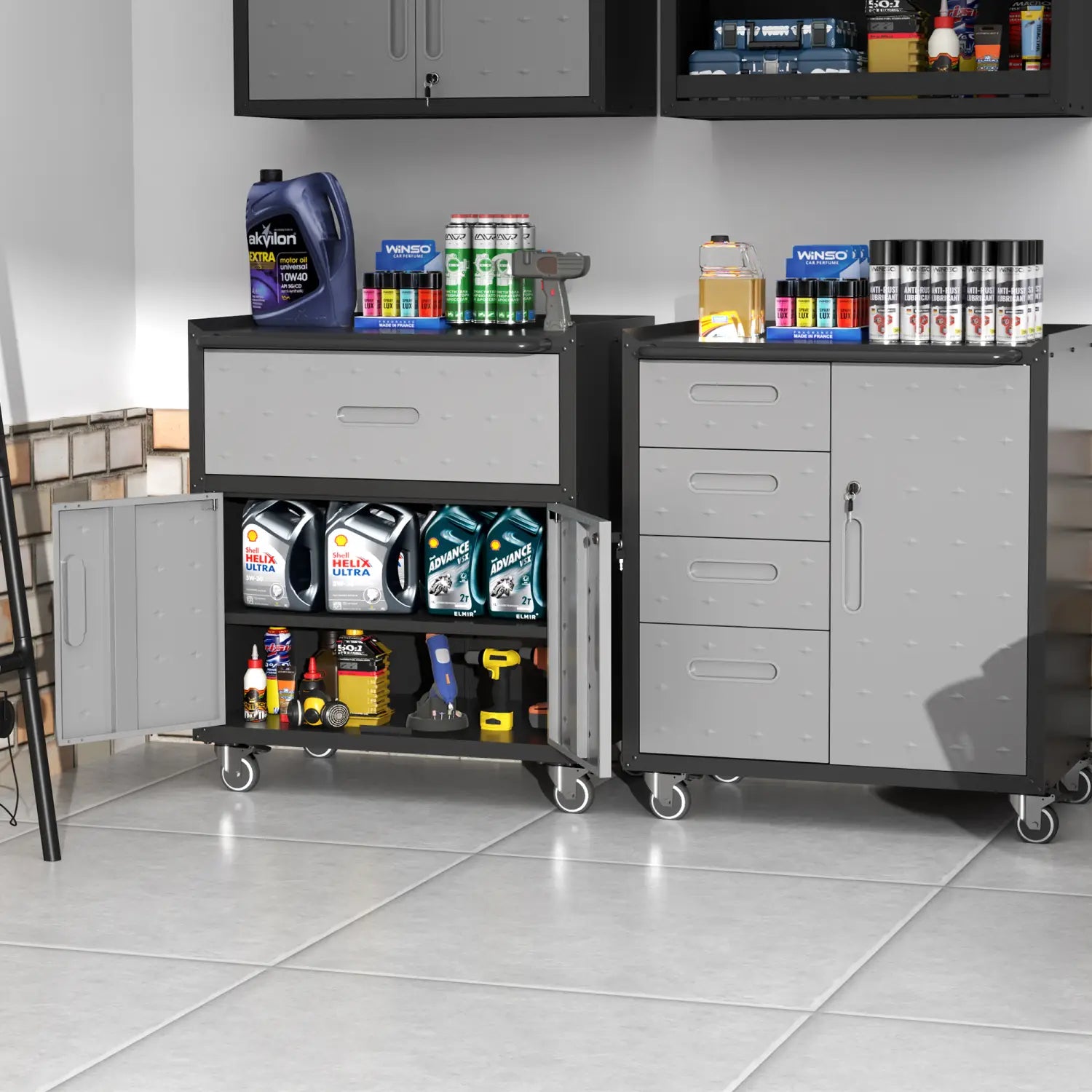 gray metal tool storage cabinet with wheels featuring four drawers and black trim for organized rolling tool storage