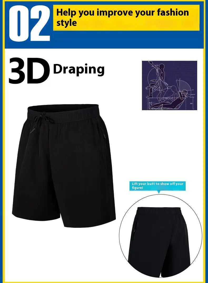 Black men ice silk quick dry athletic shorts with elastic waistband and drawstring featuring a sleek form fitting design.