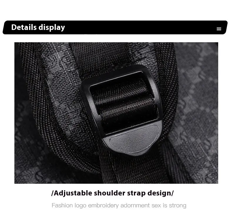 black plastic buckle with textured surface attached to a dark woven fabric strap on the shark backpack large capacity geometric business pu bag